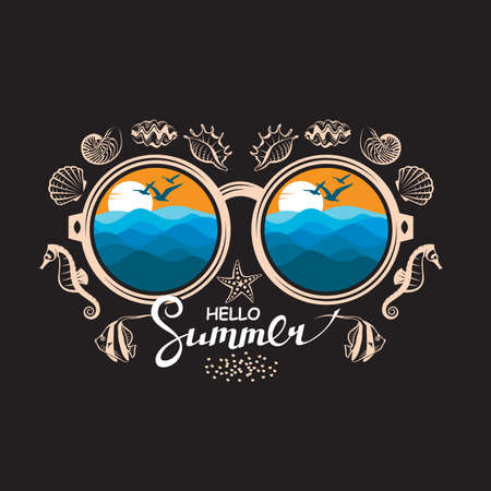 illustration of glasses with summer vacation landscapes isolated on black backgroundのイラスト素材