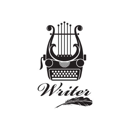 writer badge with typewriter and lyre isolated on white backgroundのイラスト素材