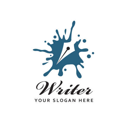 writer icon with feather pen against background of ink blot isolated on white backgroundのイラスト素材