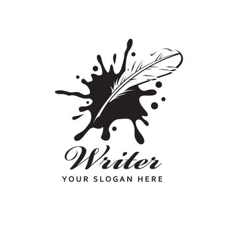 writer icon with feather pen against background of ink blot isolated on white backgroundのイラスト素材