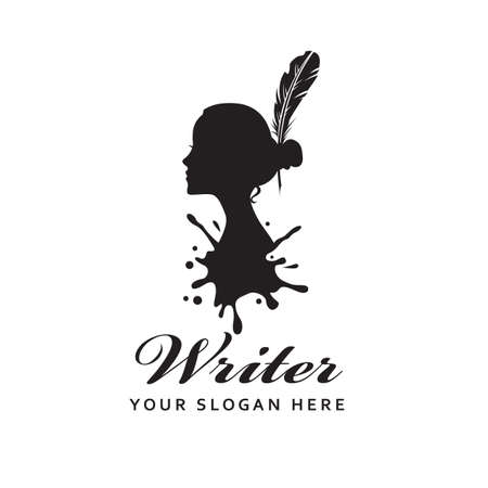 woman writer icon with feather pen against background of ink blot isolated on white backgroundのイラスト素材
