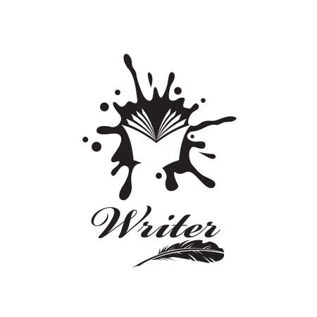 writer icon with book against background of ink blot isolated on white backgroundのイラスト素材
