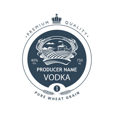 template vodka label with royal crown, field and ears of wheat in retro styleのイラスト素材