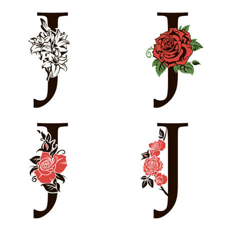 collection of letters J with flowers bouquet isolated on white backgroundのイラスト素材