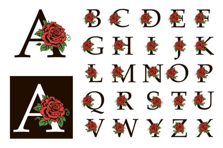 collection of botanical alphabet capital letters with flowers bouquet isolated on white backgroundのイラスト素材