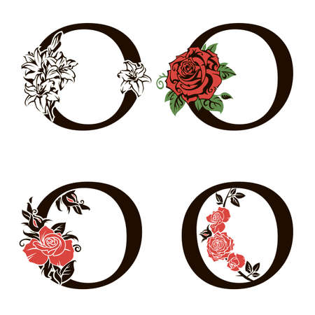 collection of letters O with flowers bouquet isolated on white backgroundのイラスト素材