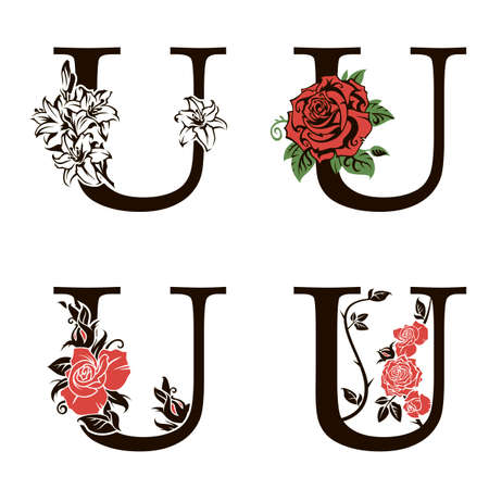collection of letters U with flowers bouquet isolated on white backgroundのイラスト素材