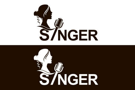 icons with singing woman and microphone isolated on white and black backgroundのイラスト素材