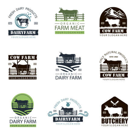 labels collection of dairy and meat farm with animal cow isolated on white backgroundのイラスト素材