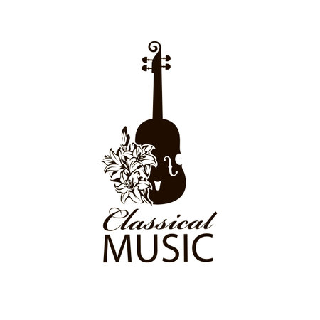 abstract monochrome icon of violin and lily isolated on white backgroundのイラスト素材