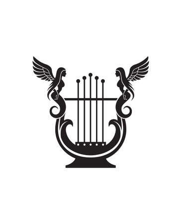 ancient lyre icon with winged women isolated on white backgroundのイラスト素材