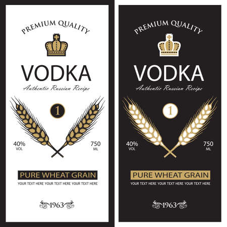 collection of vodka labels with ears of wheat in retro style isolated on white and black backgroundのイラスト素材