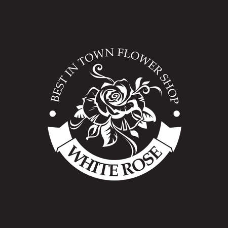 emblem of white rose bud for flower shop isolated on black backgroundのイラスト素材