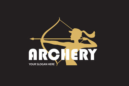emblem of archering girl with bow and arrow isolated on black backgroundのイラスト素材