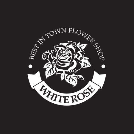 emblem of white rose bud for flower shop isolated on black backgroundのイラスト素材