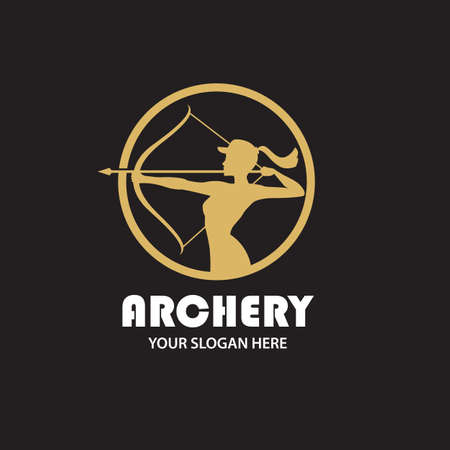 emblem of archering girl with bow and arrow isolated on black backgroundのイラスト素材