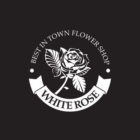 emblem of white rose bud for flower shop isolated on black backgroundのイラスト素材