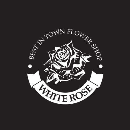 emblem of white rose bud for flower shop isolated on black backgroundのイラスト素材