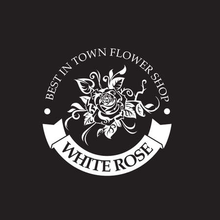 emblem of white rose bud for flower shop isolated on black backgroundのイラスト素材