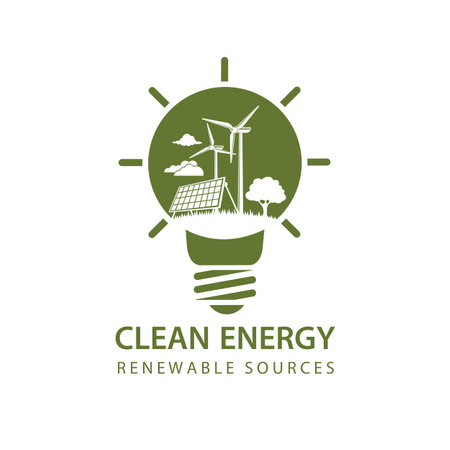renewable energy icon with light bulb, wind turbine and solar panel isolated on white backgroundのイラスト素材