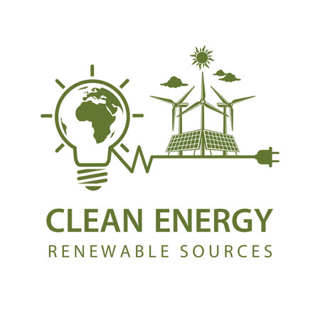 renewable energy icon with light bulb, wind turbine, solar panel and earth isolated on white backgroundのイラスト素材