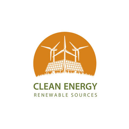 renewable energy icon with wind turbine and solar panel isolated on white backgroundのイラスト素材