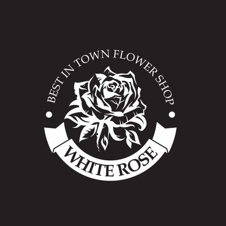 emblem of white rose bud for flower shop isolated on black backgroundのイラスト素材