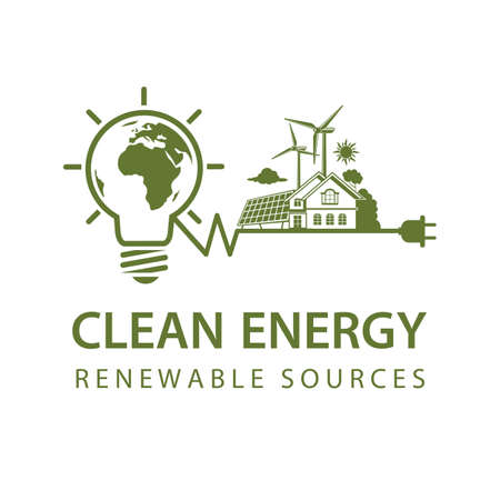 renewable energy icon with light bulb, wind turbine, solar panel, house and earth isolated on white backgroundのイラスト素材