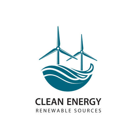 renewable energy icon with wind turbines and sea waves isolated on white backgroundのイラスト素材