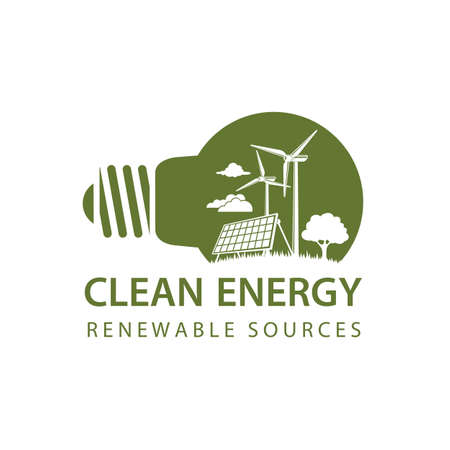 renewable energy icon with light bulb, wind turbine and solar panel isolated on white backgroundのイラスト素材