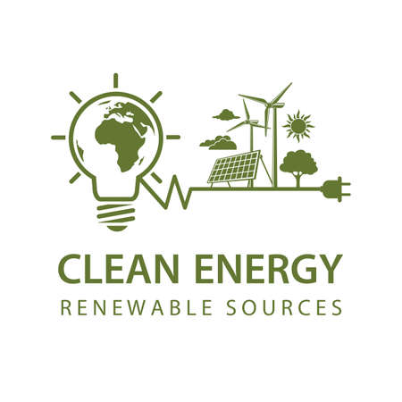 renewable energy icon with light bulb, wind turbine, solar panel and earth isolated on white backgroundのイラスト素材