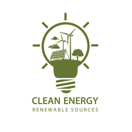 renewable energy icon with light bulb, wind turbine and solar panel isolated on white backgroundのイラスト素材
