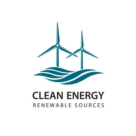 renewable energy icon with wind turbines and sea waves isolated on white backgroundのイラスト素材