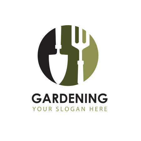 gardening emblem with trowel spade and garden fork isolated on white backgroundのイラスト素材