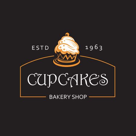 label with cupcake for bakery shop isolated on black backgroundのイラスト素材