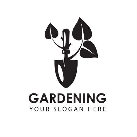gardening emblem with trowel spade and leaves isolated on white backgroundのイラスト素材