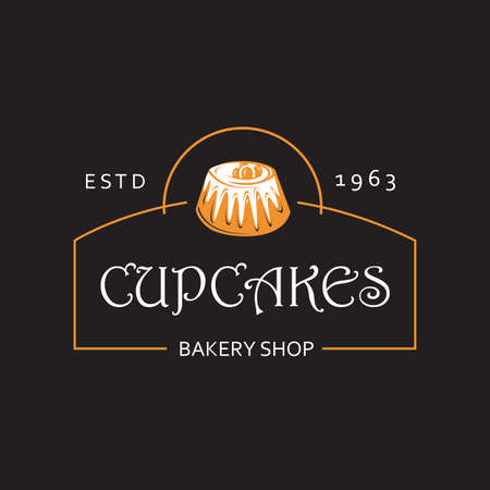 label with cupcake for bakery shop isolated on black backgroundのイラスト素材