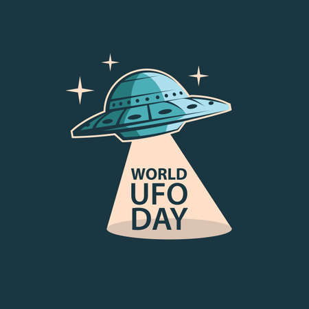 banner of UFO space ship world day and stars isolated on dark backgroundのイラスト素材