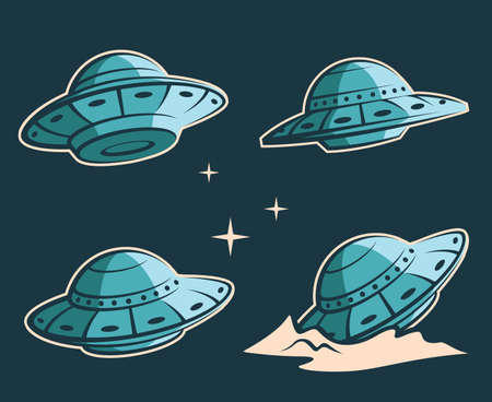 collection of UFO space ship and stars isolated on dark backgroundのイラスト素材