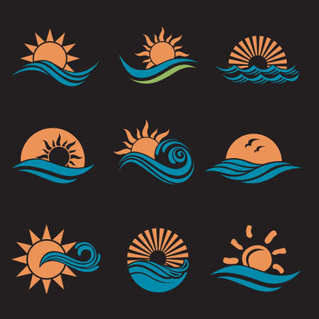 abstract collection of sun and sea waves icons isolated on black backgroundのイラスト素材