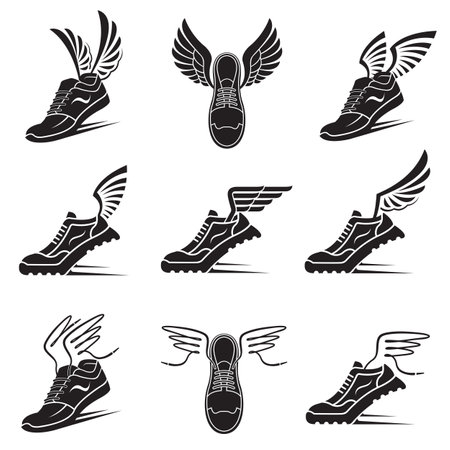 collection of speeding sport shoes with wings isolated on white backgroundのイラスト素材