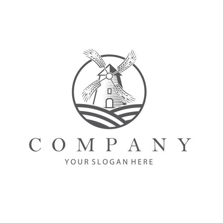 monochrome illustration of windmill and wheat ears isolated on white backgroundのイラスト素材