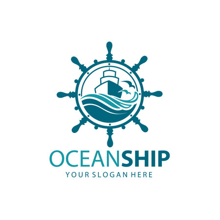 icon of ship, handwheel and ocean waves with seagulls isolated on white backgroundのイラスト素材
