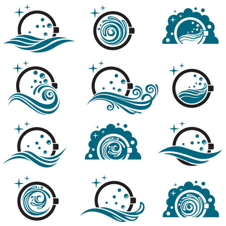 collection of laundry icons with washing machine with bubbles for clothes wash design isolated on white backgroundのイラスト素材