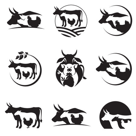 collection of farm animals cow, chicken, pig and sheep isolated on white backgroundのイラスト素材