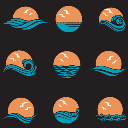 abstract collection of sea waves with seagulls and sun isolated on black backgroundのイラスト素材