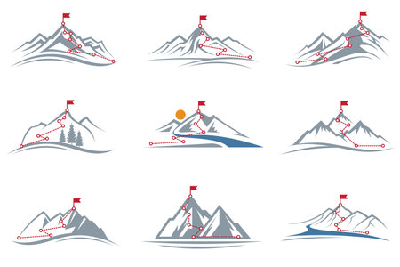 collection of mountain climbing route to peak isolated on white backgroundのイラスト素材
