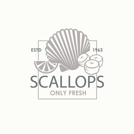 label of fresh scallop shell isolated on light backgroundのイラスト素材