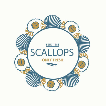 label of fresh scallop shell isolated on light backgroundのイラスト素材