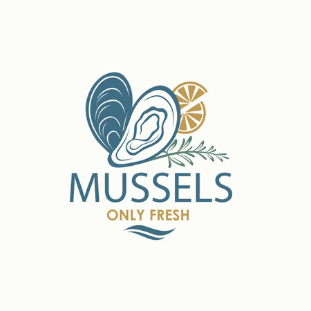 label of fresh mussel shell isolated on light backgroundのイラスト素材